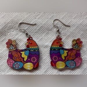 Colorful Whimsical Cartoon Hen Eggs Yellow Blue orange Floral Chicken Earrings
